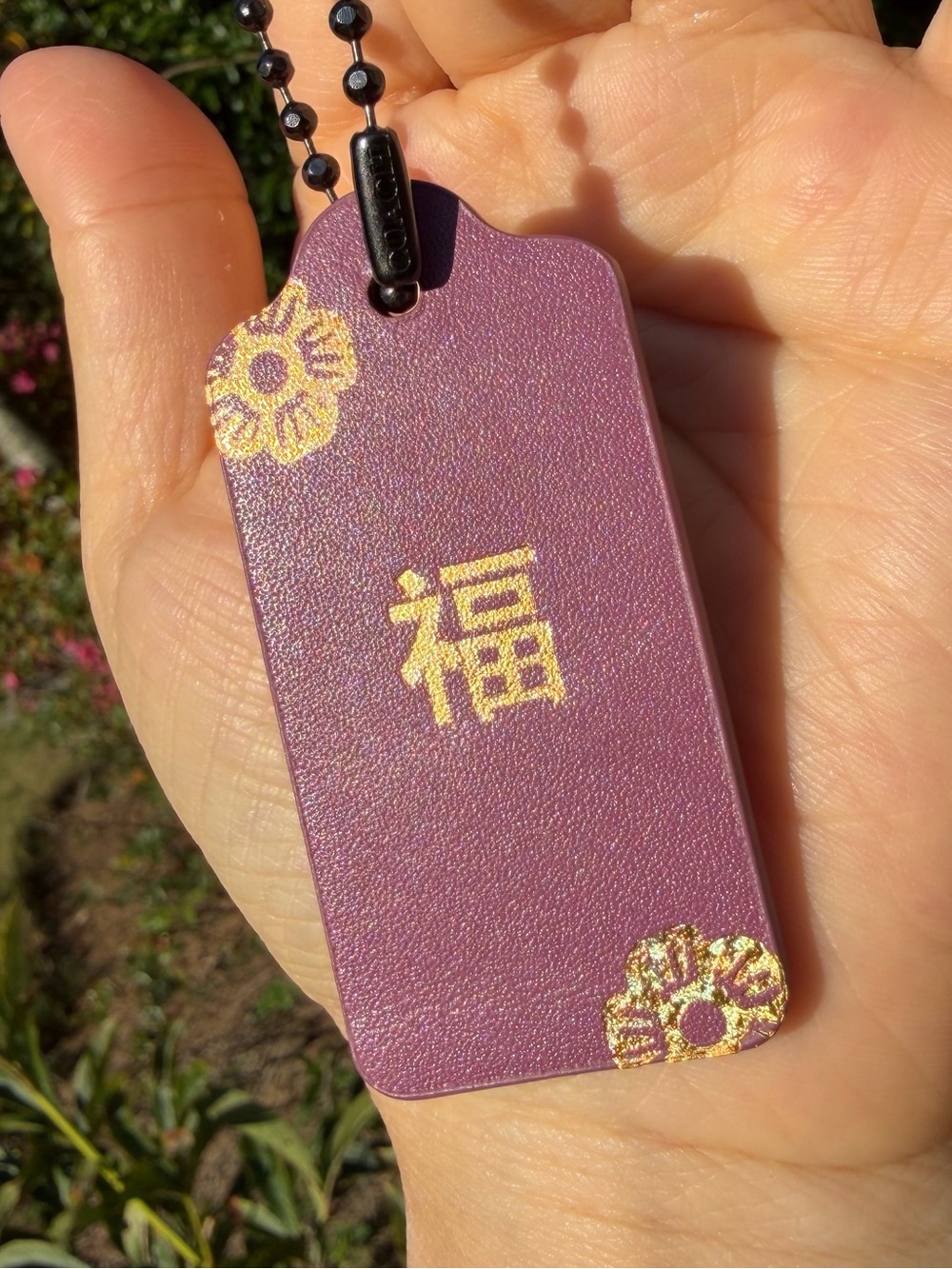 New Coach Medium Leather Hangtag with Fu & Tea Rose Print, 2¼” x 1¼”